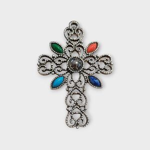 Avon Silver-Tone Filigree Cross Pendant With Multicolor Cabochons